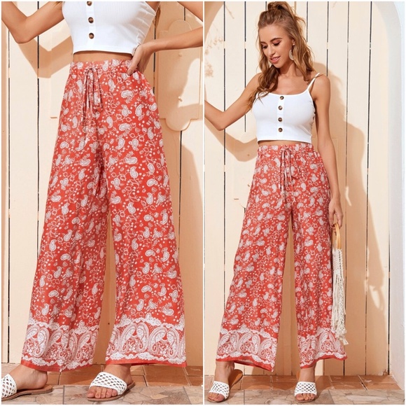 boho orange paisley print palazzo wide leg pants - Picture 3 of 3